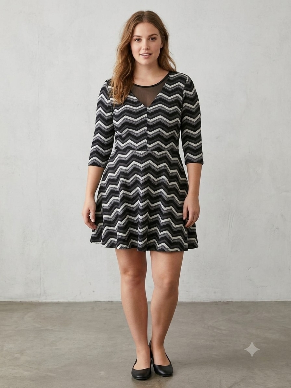 Rue21 Black & White Chevron Striped Mesh-Panel Fit & Flare Mini Dress WD 56
